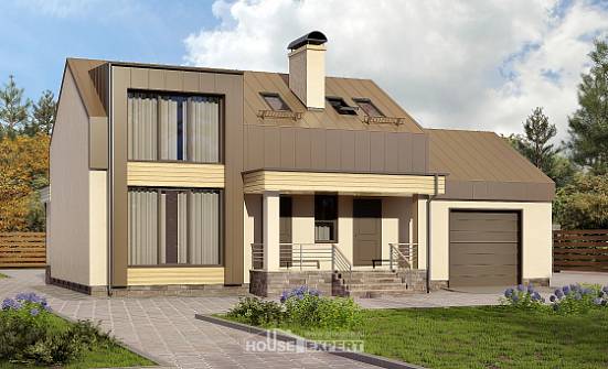 150-015-Л Проект двухэтажного дома мансардный этаж и гаражом, бюджетный коттедж из пеноблока Можга | Проекты домов от House Expert