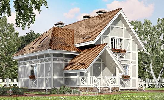 160-003-Л Проект двухэтажного дома с мансардой, скромный загородный дом из бризолита Ижевск | Проекты домов от House Expert